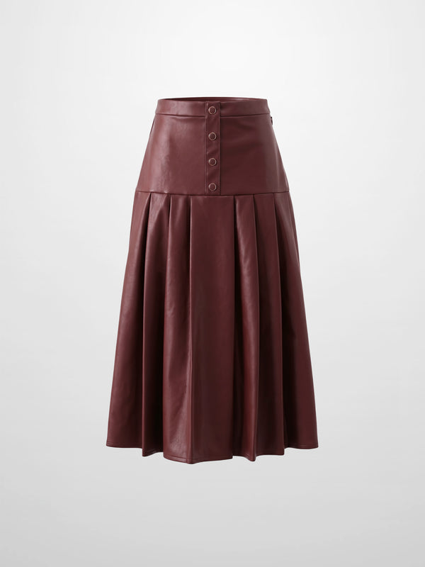 Yoke Faux Leather Pleat Skirt - Burgundy