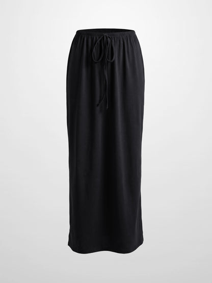Straight Maxi Drawstring T-Shirt Skirt-Black