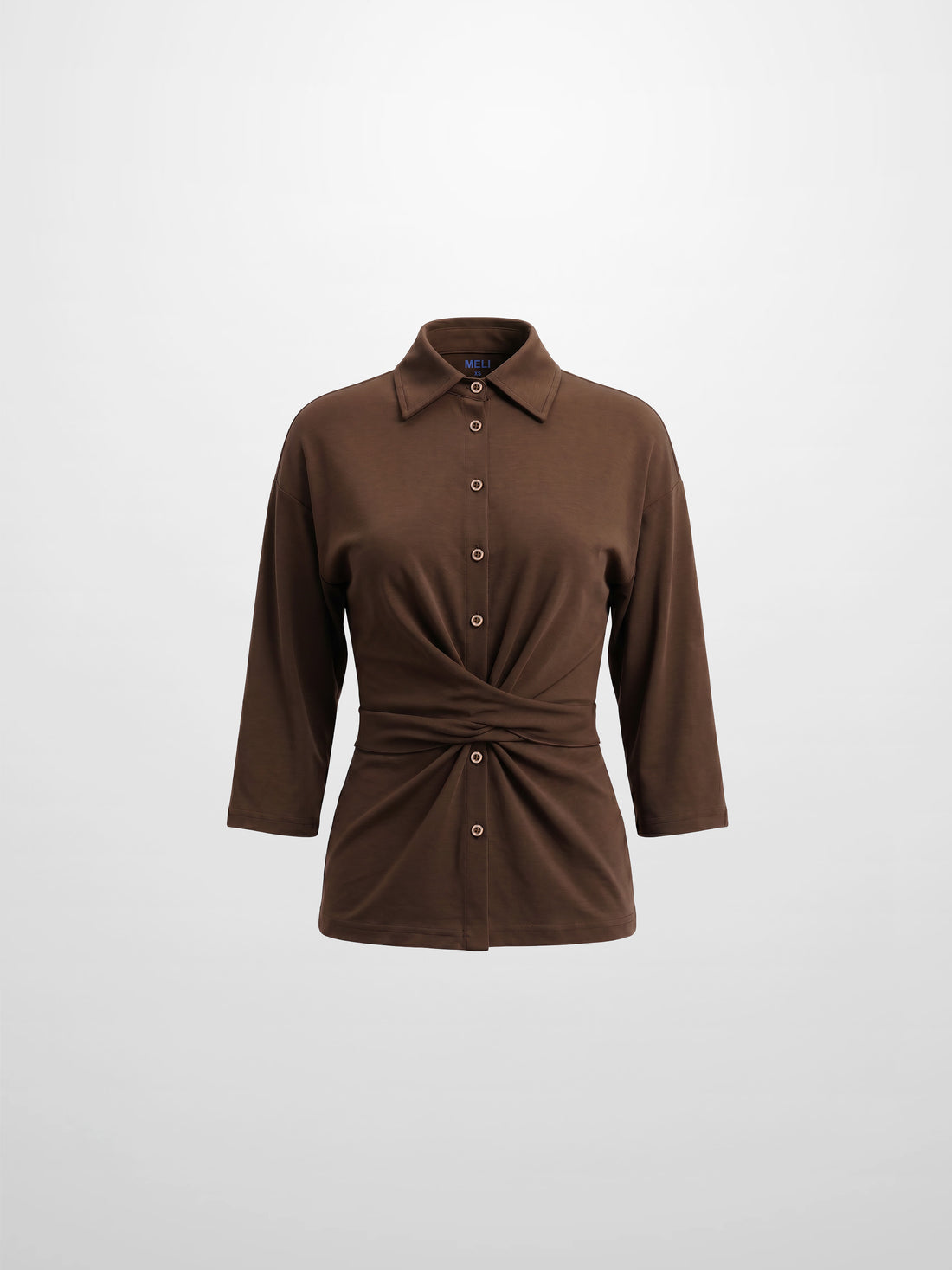 Waist Tie Button Down T-Shirt-Brown