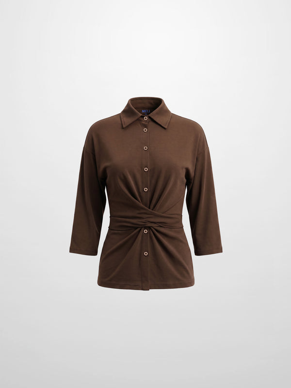 Waist Tie Button Down T-Shirt-Brown