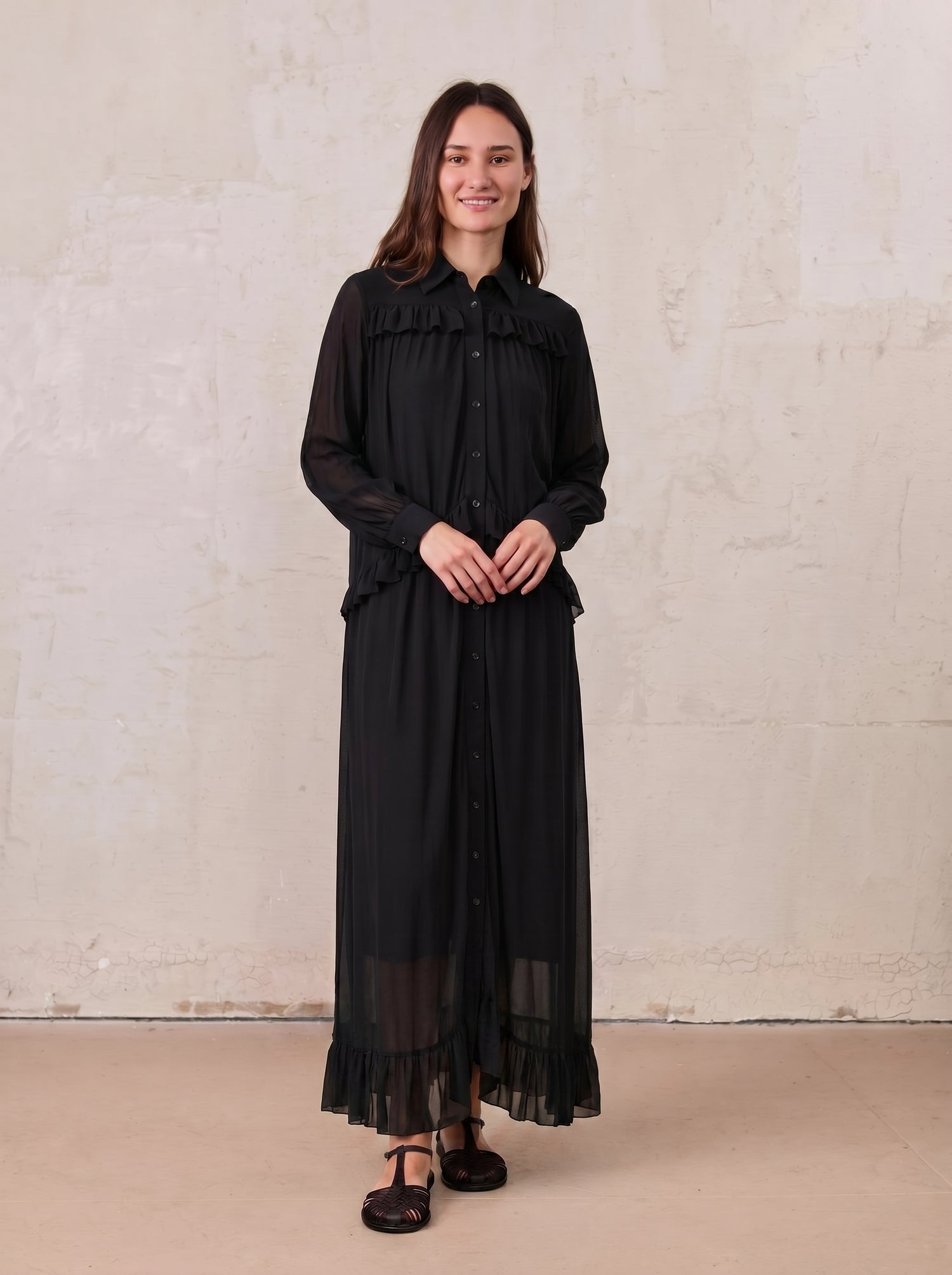 Mesh Ruffle Maxi Dress-Black
