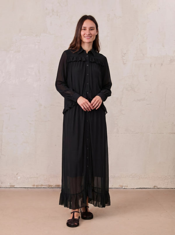Mesh Ruffle Maxi Dress-Black