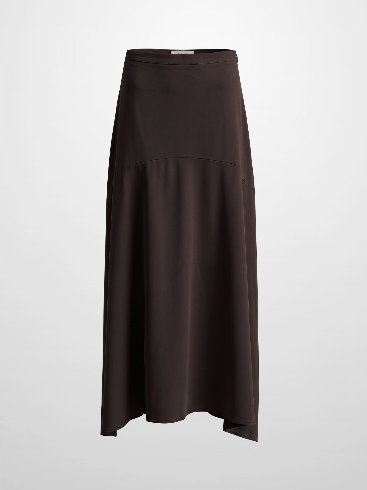Curved Yoke Faux Satin Skirt - Brown