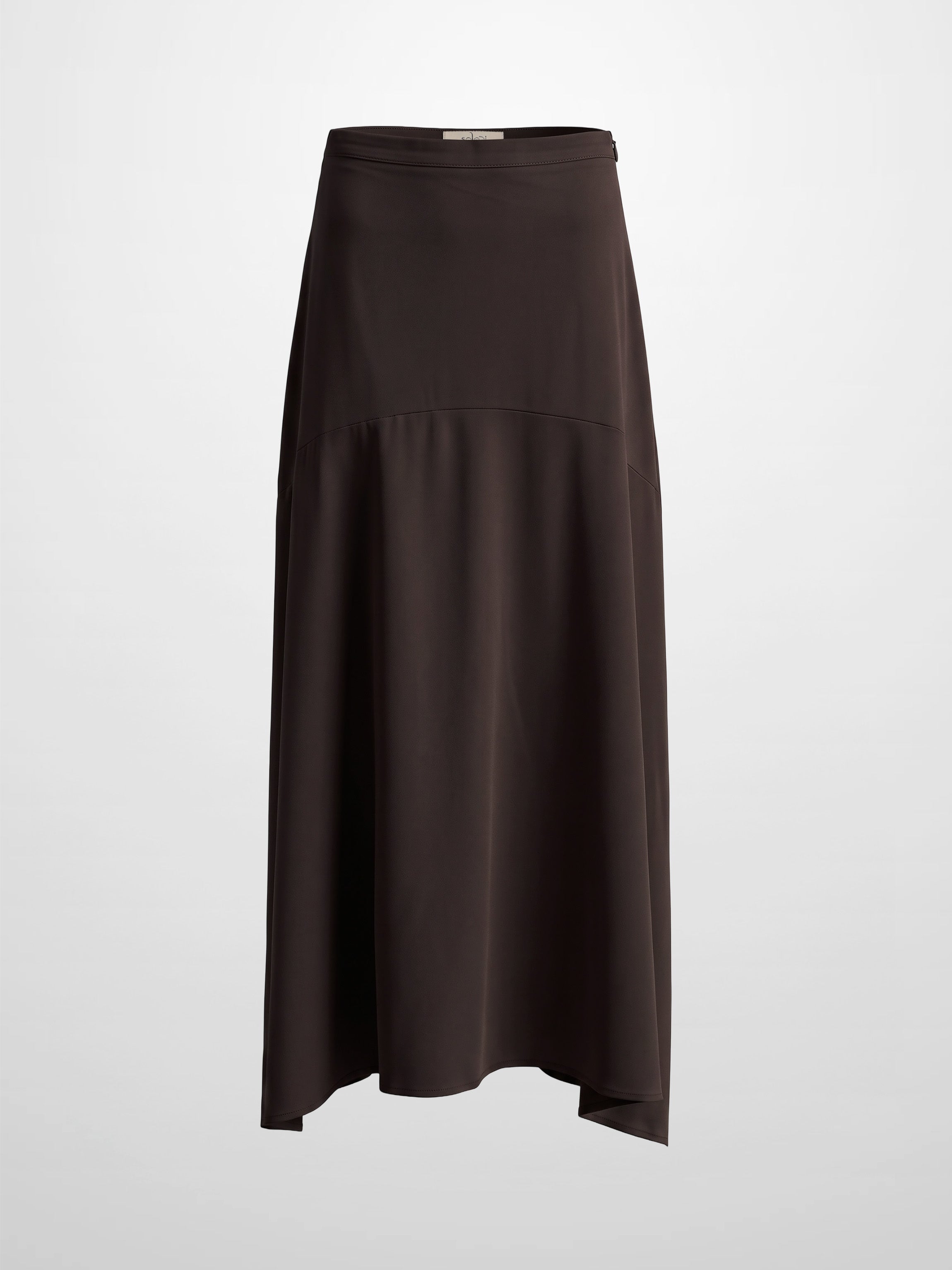 Curved Yoke Faux Satin Skirt - Brown