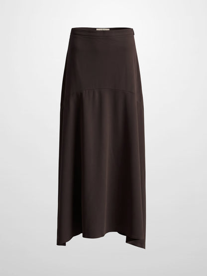 Curved Yoke Faux Satin Skirt - Brown