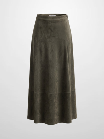 Curved Yoke Faux Suede Skirt - Green