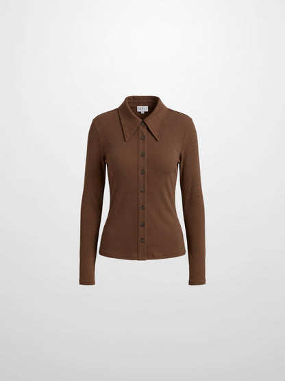Ribbed Button Down Shirt-Brown