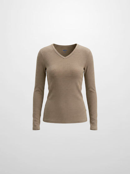 Soft Ribbed High V Tee-Taupe