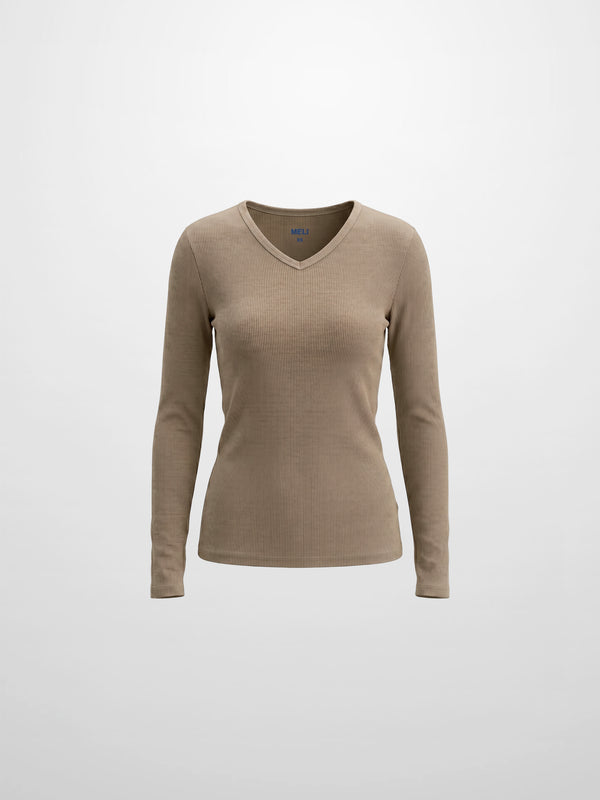 Soft Ribbed High V Tee-Taupe