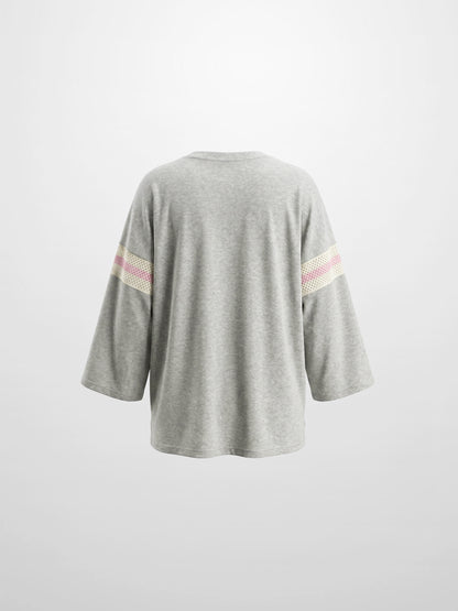 Crochet Stripe Boxy Tee-Grey/Pink/Cream