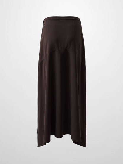 Curved Yoke Faux Satin Skirt - Brown