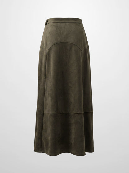 Curved Yoke Faux Suede Skirt - Green