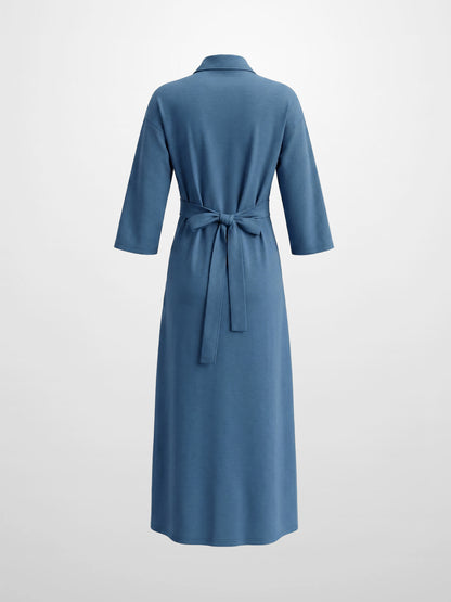 Waist Tie Button Down T-Shirt Dress-Blue Dusk