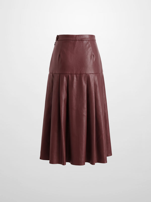 Yoke Faux Leather Pleat Skirt - Burgundy