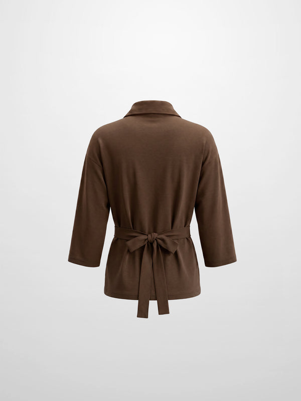 Waist Tie Button Down T-Shirt-Brown