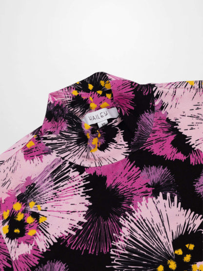 Boxy Printed Modal Turtleneck-Flower Burst