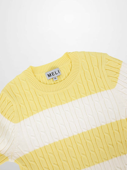 Striped Cable Sweater-Yellow/White