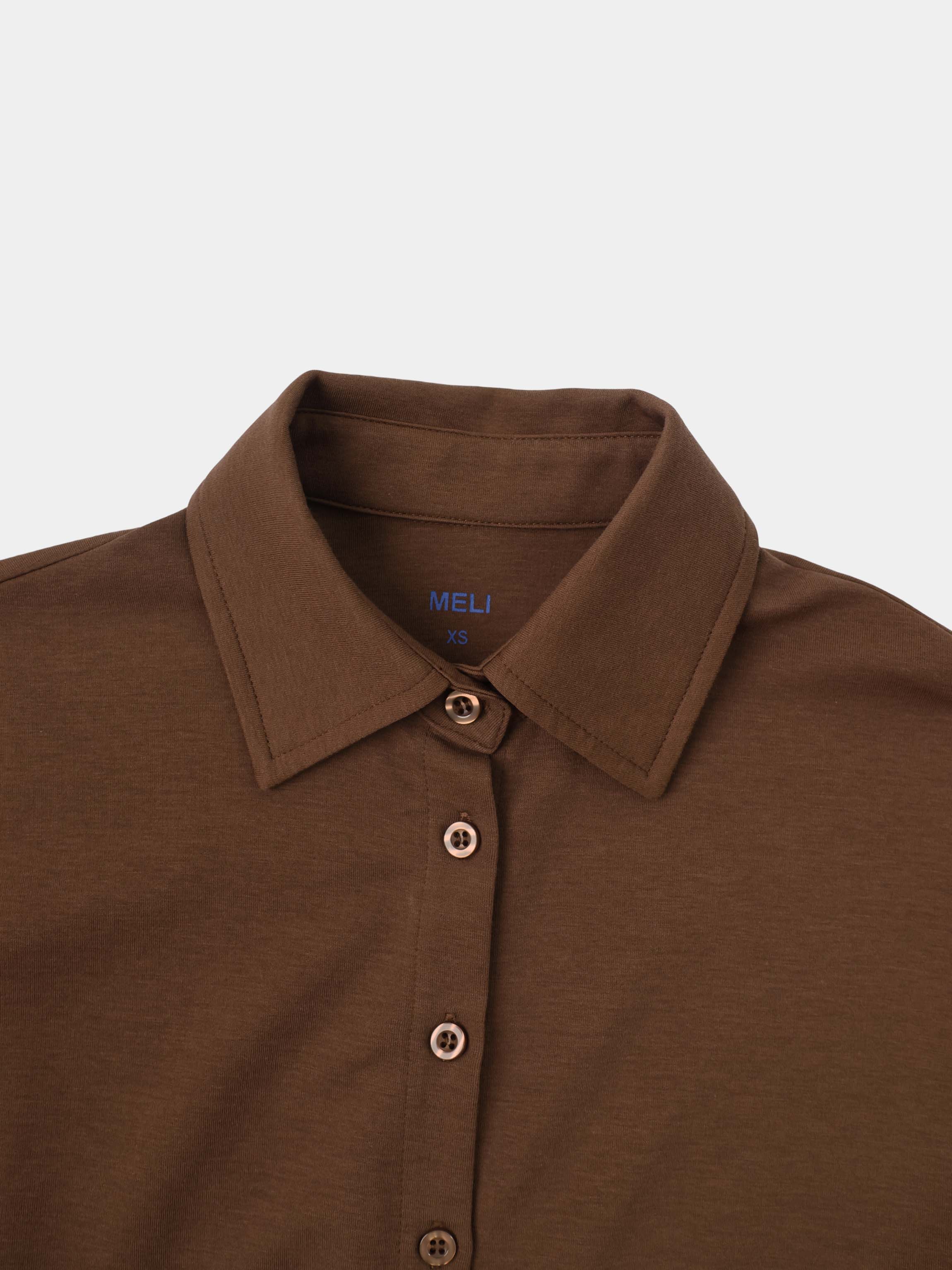 Waist Tie Button Down T-Shirt-Brown