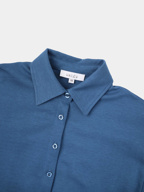 Waist Tie Button Down T-Shirt Dress-Blue Dusk