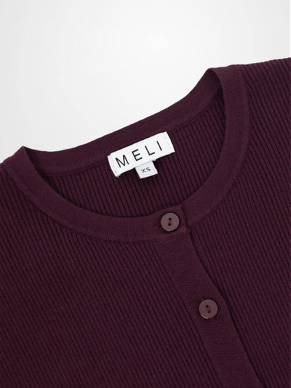 Ribbed Crew Neck Cardigan-Eggplant