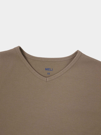 Soft Ribbed High V Tee-Taupe