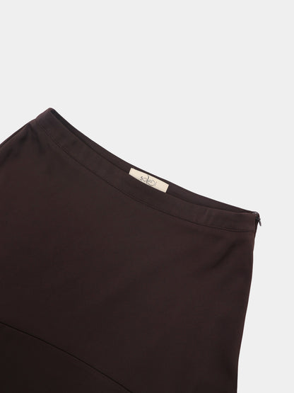 Curved Yoke Faux Satin Skirt - Brown