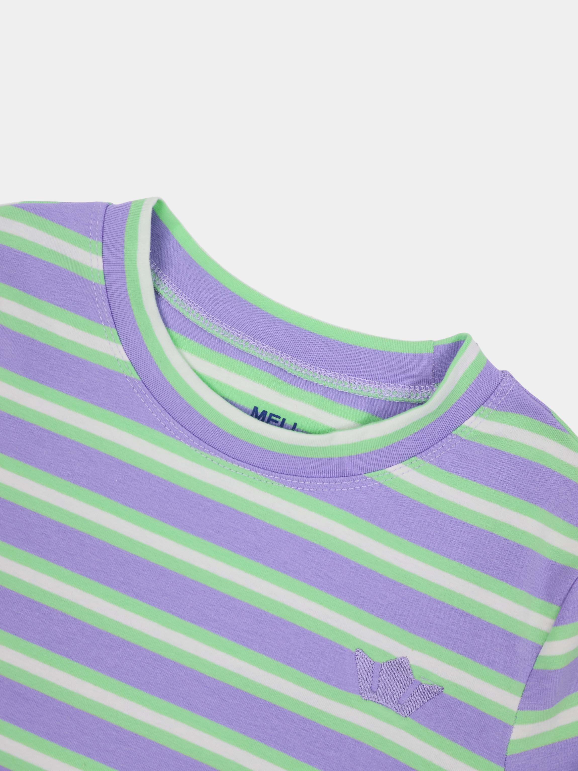 Embroidered Crown Striped Tee-Lavender/Mint/White