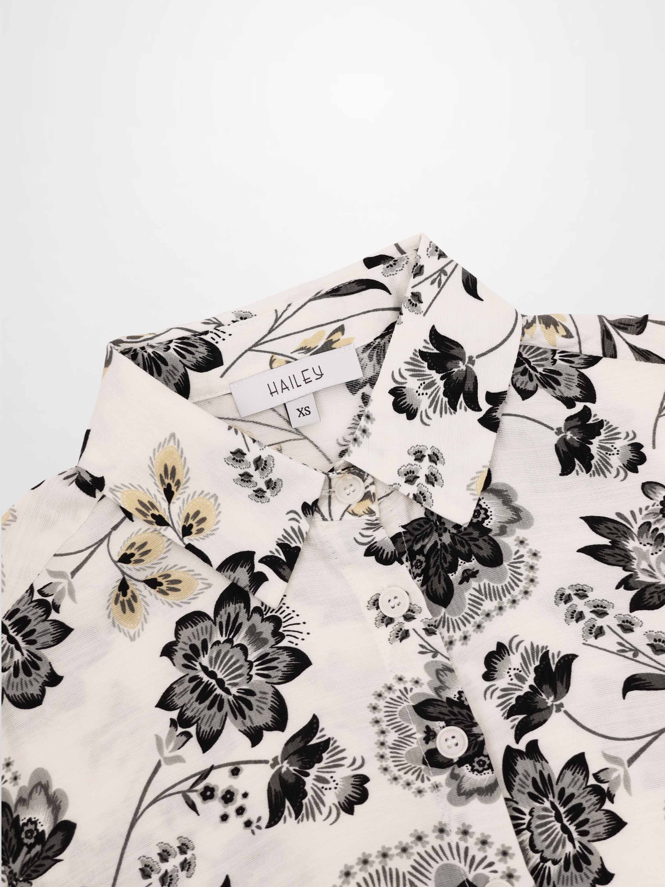 Button Down Collared Blouse-Black/White Floral