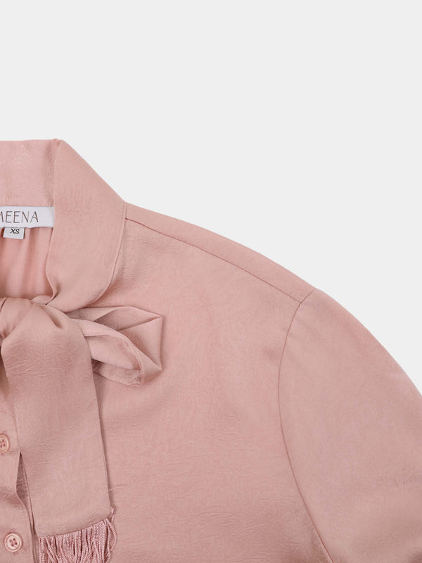 Fringe Bow Blouse-Pink