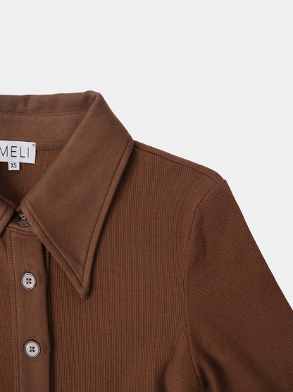 Ribbed Button Down Shirt-Brown