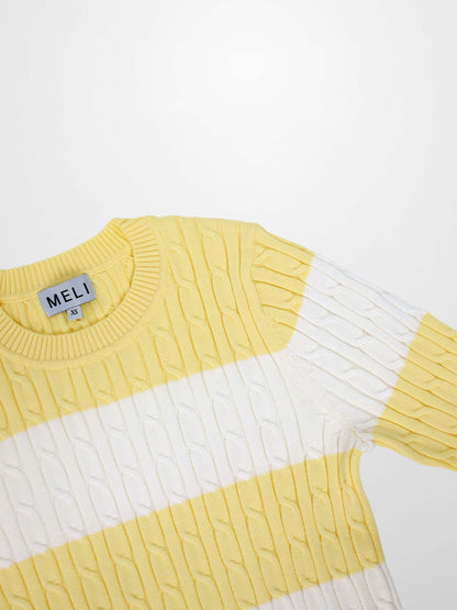 Striped Cable Sweater-Yellow/White