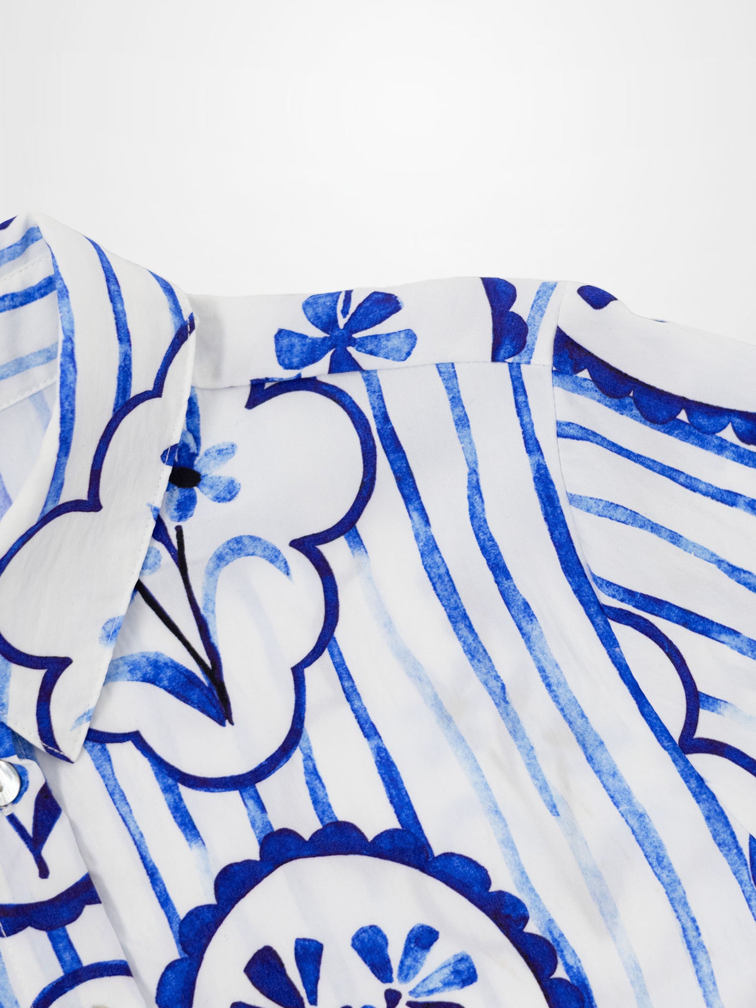 Printed Crinkle Button Down Blouse-Fresh Blue