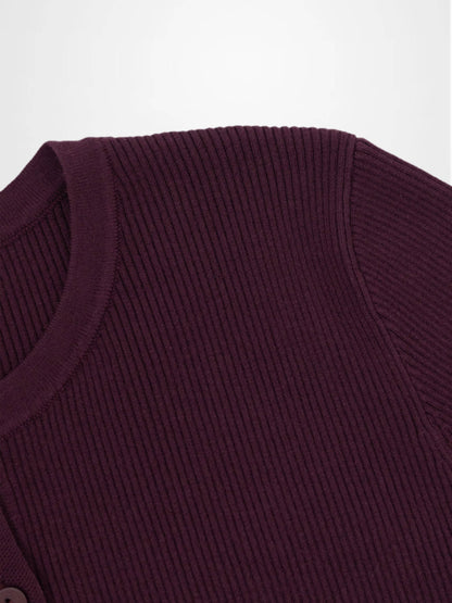 Ribbed Crew Neck Cardigan-Eggplant