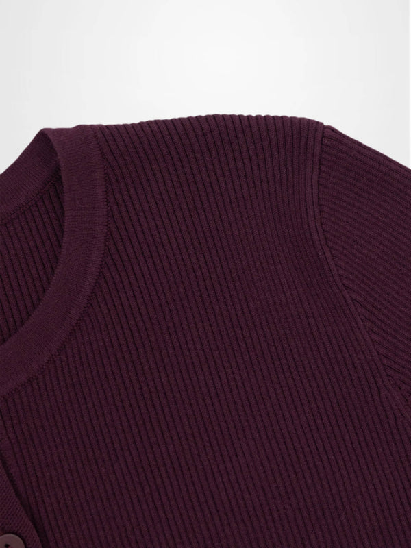 Ribbed Crew Neck Cardigan-Eggplant