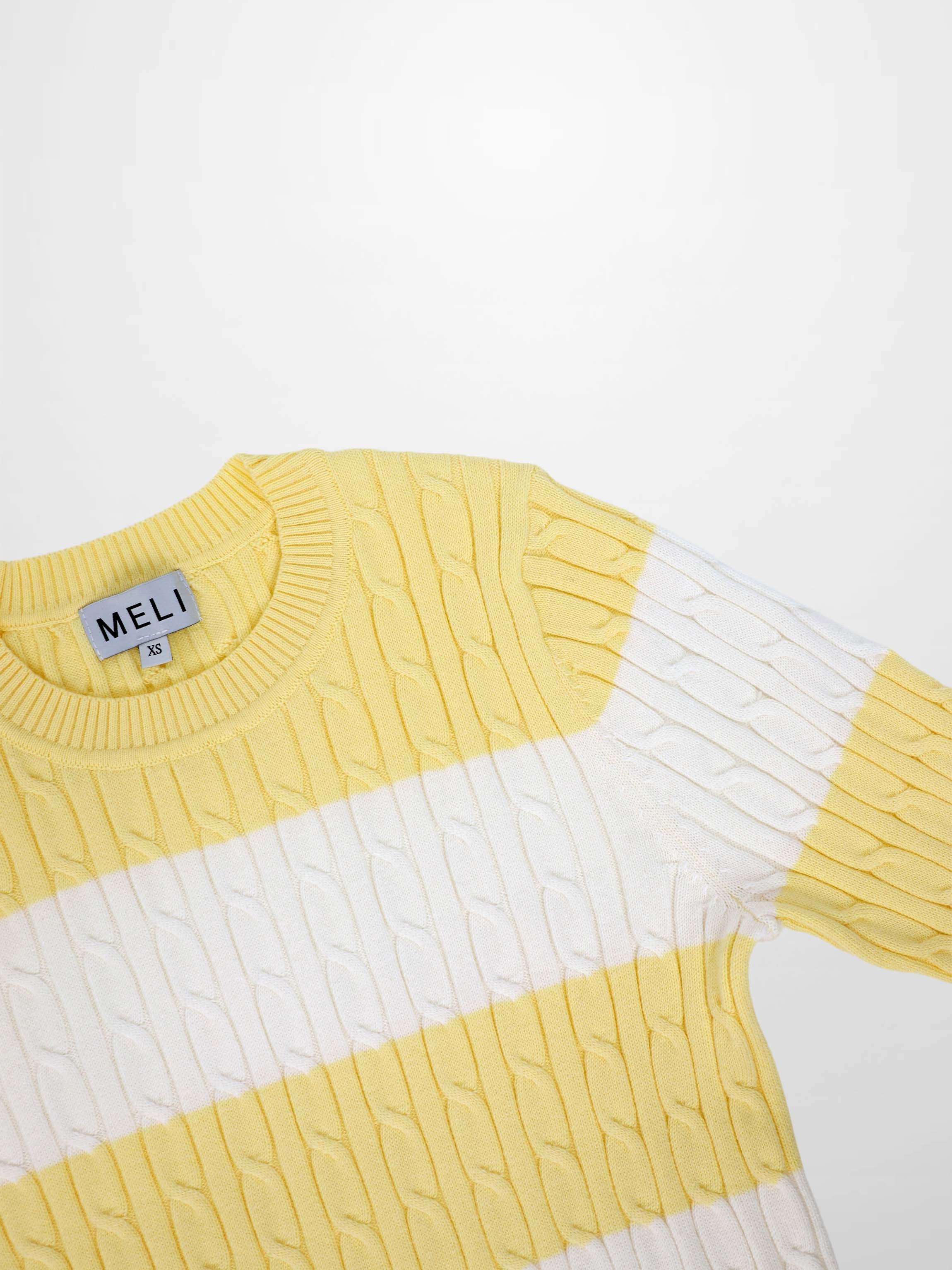 Striped Cable Sweater-Yellow/White