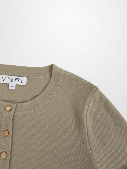 Gold Button Crop Cardigan-Latte