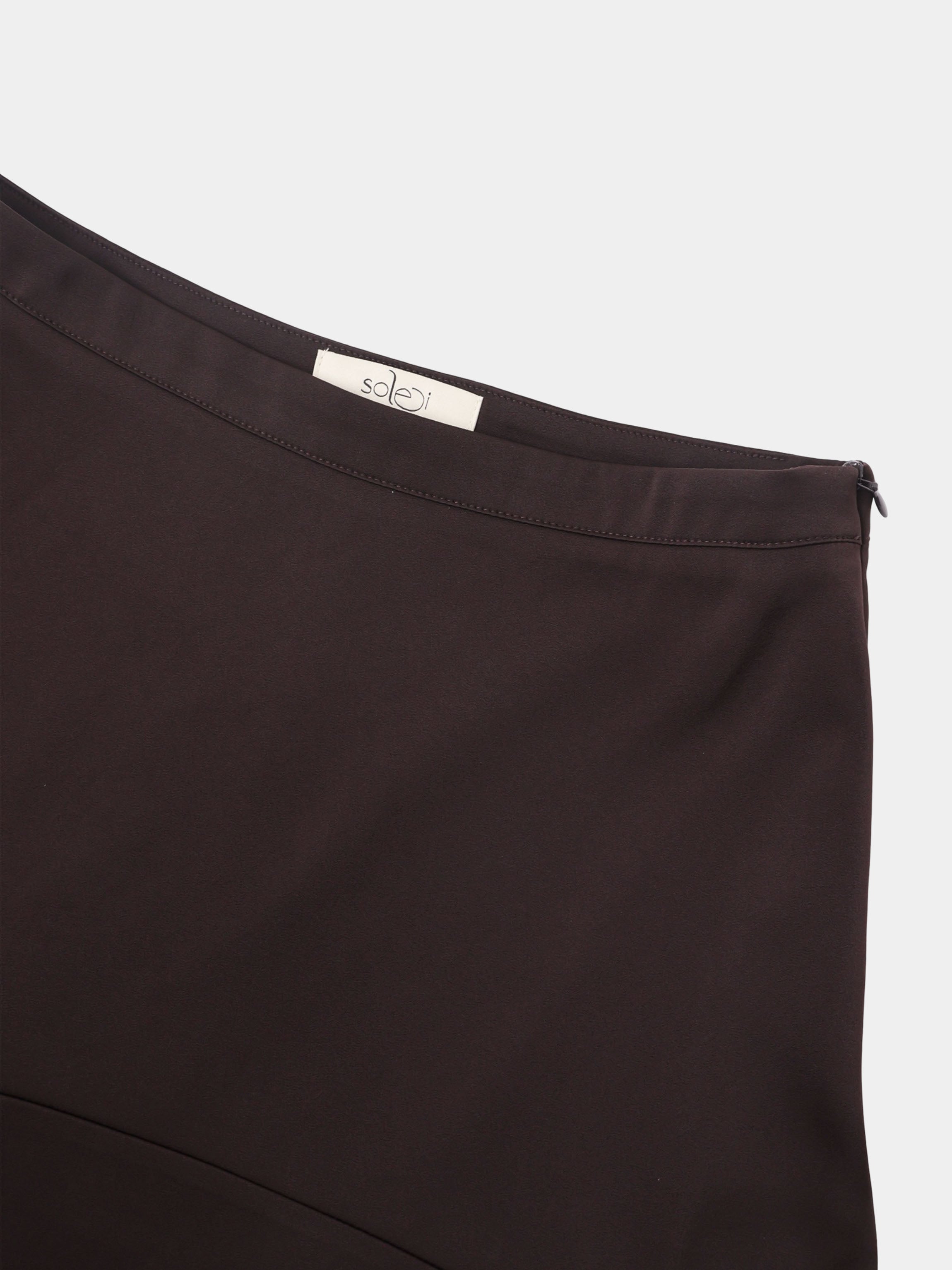 Curved Yoke Faux Satin Skirt - Brown