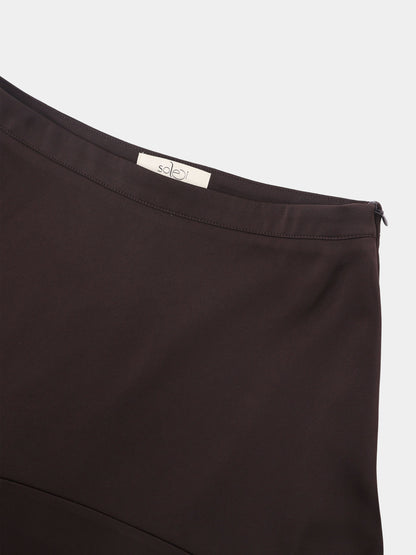Curved Yoke Faux Satin Skirt - Brown