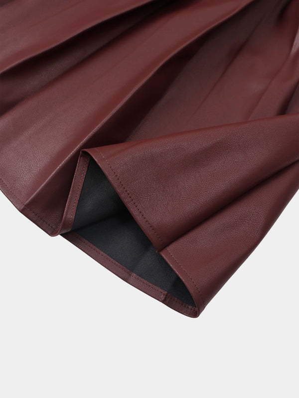 Yoke Faux Leather Pleat Skirt - Burgundy