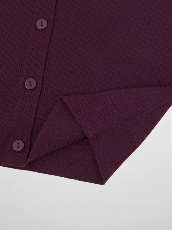 Ribbed Crew Neck Cardigan-Eggplant