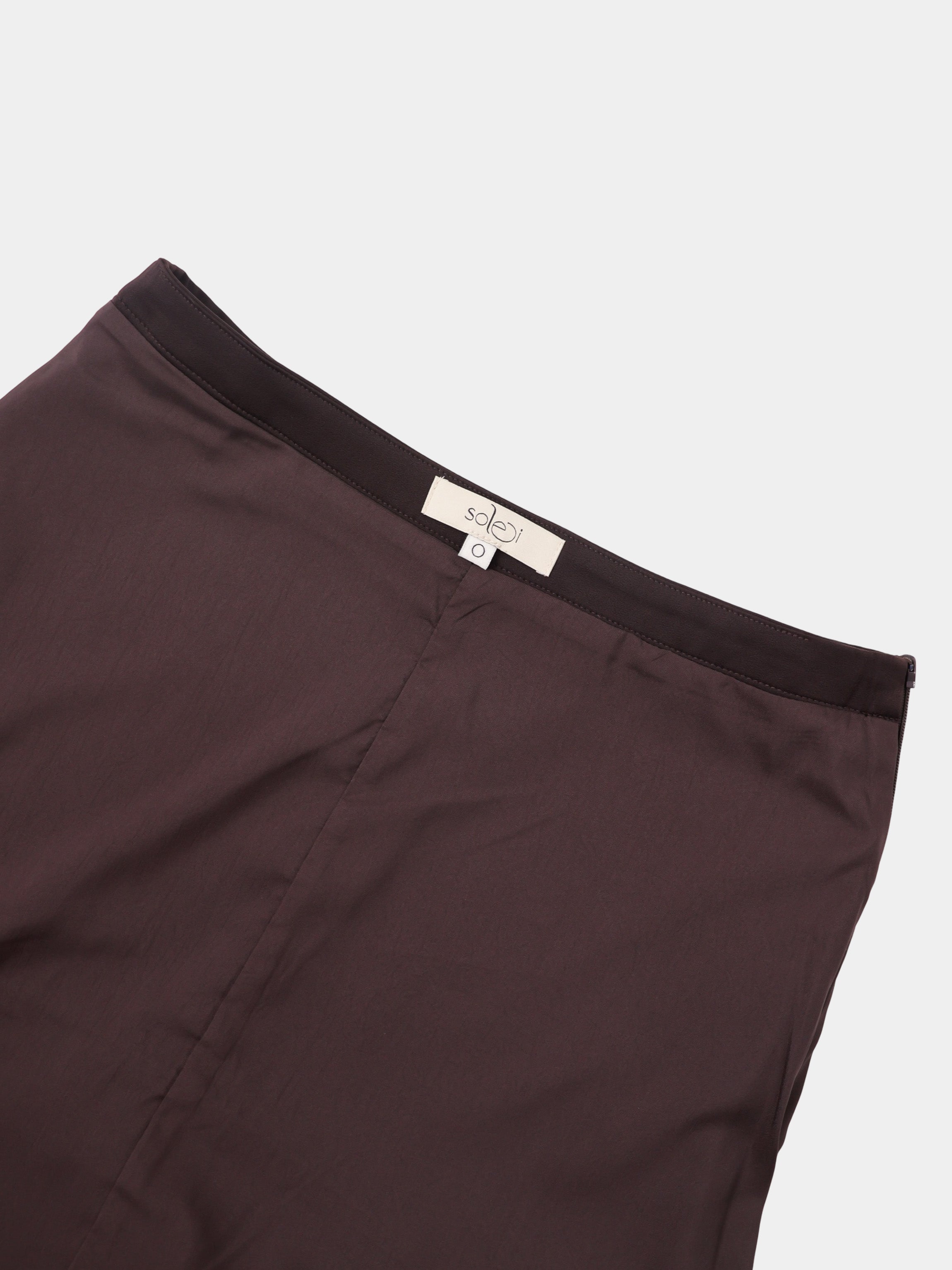 Curved Yoke Faux Satin Skirt - Brown