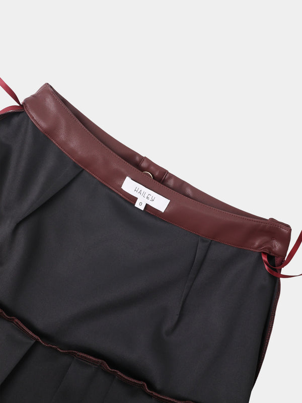 Yoke Faux Leather Pleat Skirt - Burgundy