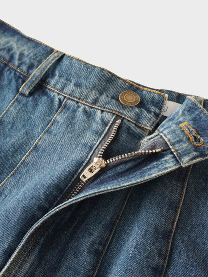 Stitched Pleated Denim Skirt-Blue