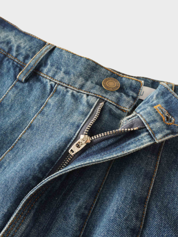 Stitched Pleated Denim Skirt-Blue