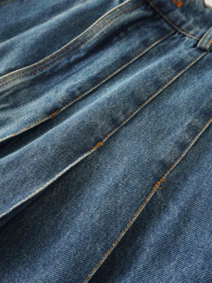 Stitched Pleated Denim Skirt-Blue