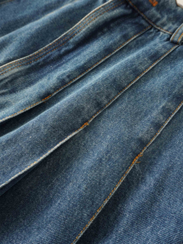Stitched Pleated Denim Skirt-Blue