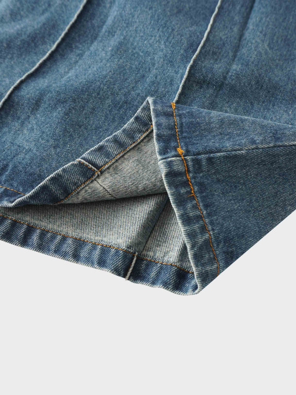 Stitched Pleated Denim Skirt-Blue