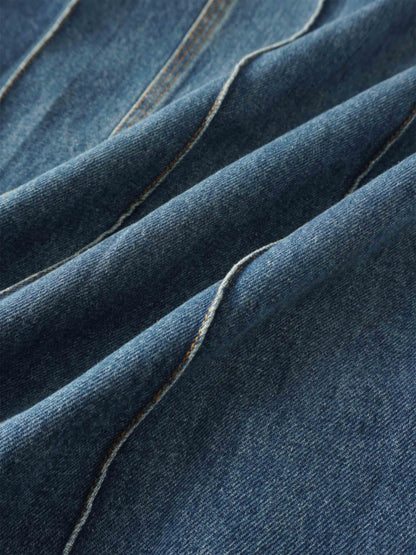 Stitched Pleated Denim Skirt-Blue