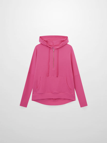 Ribbed Half Zip Hoodie Tee-Hot Pink