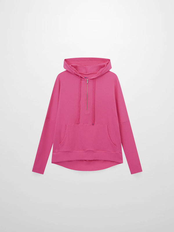 Ribbed Half Zip Hoodie Tee-Hot Pink